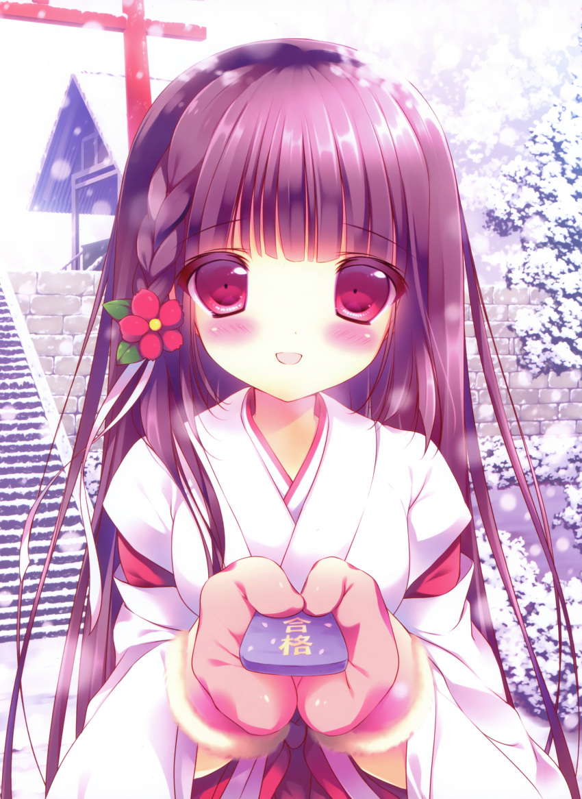 1girl :d absurdres braid copyright_request female flower hair_flower hair_ornament hakama highres japanese_clothes miko mittens open_mouth purple_hair red_eyes sarico shrine side_braid smile snow snowing solo stairway torii