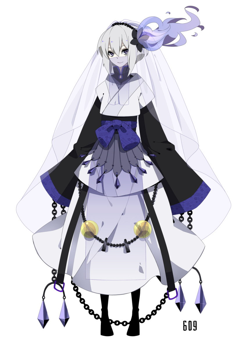 1girl boots bow chain chains chandelure crystal grey_hair hair_ornament hairband highres japanese_clothes long_skirt merlusa personification pokemon purple_eyes purple_hair short_hair simple_background skirt smile solo standing veil violet_eyes white_background