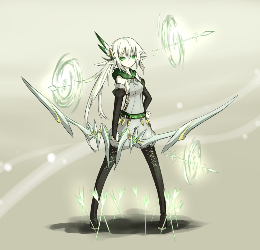 1girl arrow bow_(weapon) green_eyes hand_on_hip highres long_hair original sakuto_kazanami solo weapon