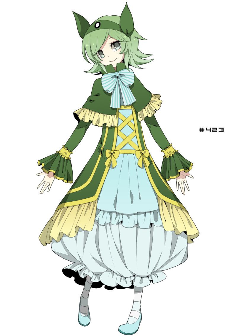 1girl bow frills gastrodon green_eyes green_hair grey_eyes hairband highres merlusa personification pigeon-toed pokemon short_hair simple_background smile solo striped striped_legwear white_background
