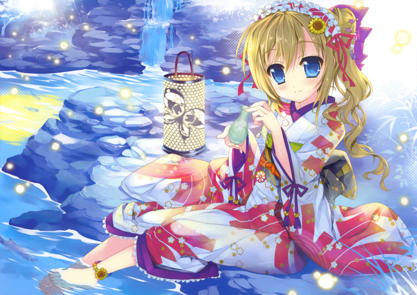 1girl absurdres anklet barefoot blonde_hair blue_eyes blush bow feet_in_water firefly fujima_takuya hair_bow highres japanese_clothes jewelry kimono lamp long_hair original sitting soaking_feet stream tied_hair water