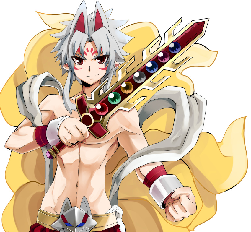 1boy animal_ears character_request fox_ears fox_tail haik highres long_hair looking_at_viewer multiple_tails sai_(shinrabanshou) shinrabanshou simple_background smile solo sword tail weapon white_background