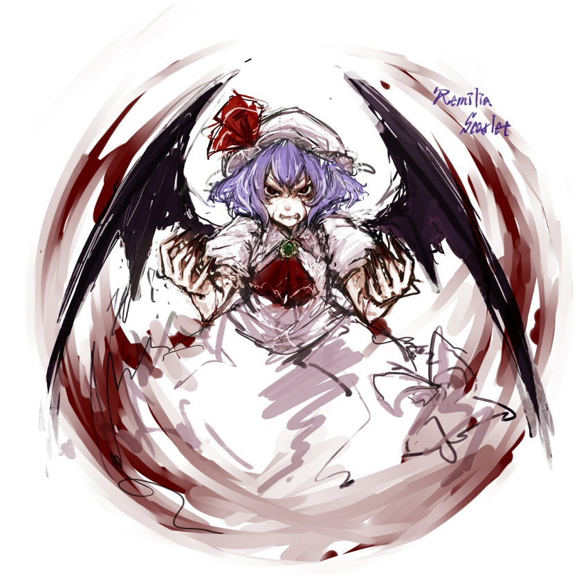 1girl angry ascot bow brooch bust character_name clenched_teeth dress fangs fingernails hat hat_ribbon highres hima_(mizu_ni_tsuyoi) jewelry long_fingernails mob_cap puffy_short_sleeves puffy_sleeves purple_hair remilia_scarlet ribbon short_hair short_sleeves slit_pupils solo touhou wings