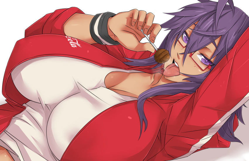 1girl ahoge breasts candy cleavage coca-cola glasses highres huge_breasts jacket kuma_x lollipop looking_at_viewer open_clothes open_jacket original product_placement purple_eyes red-framed_glasses saliva saliva_trail sleeves_rolled_up solo tan tongue track_jacket violet_eyes
