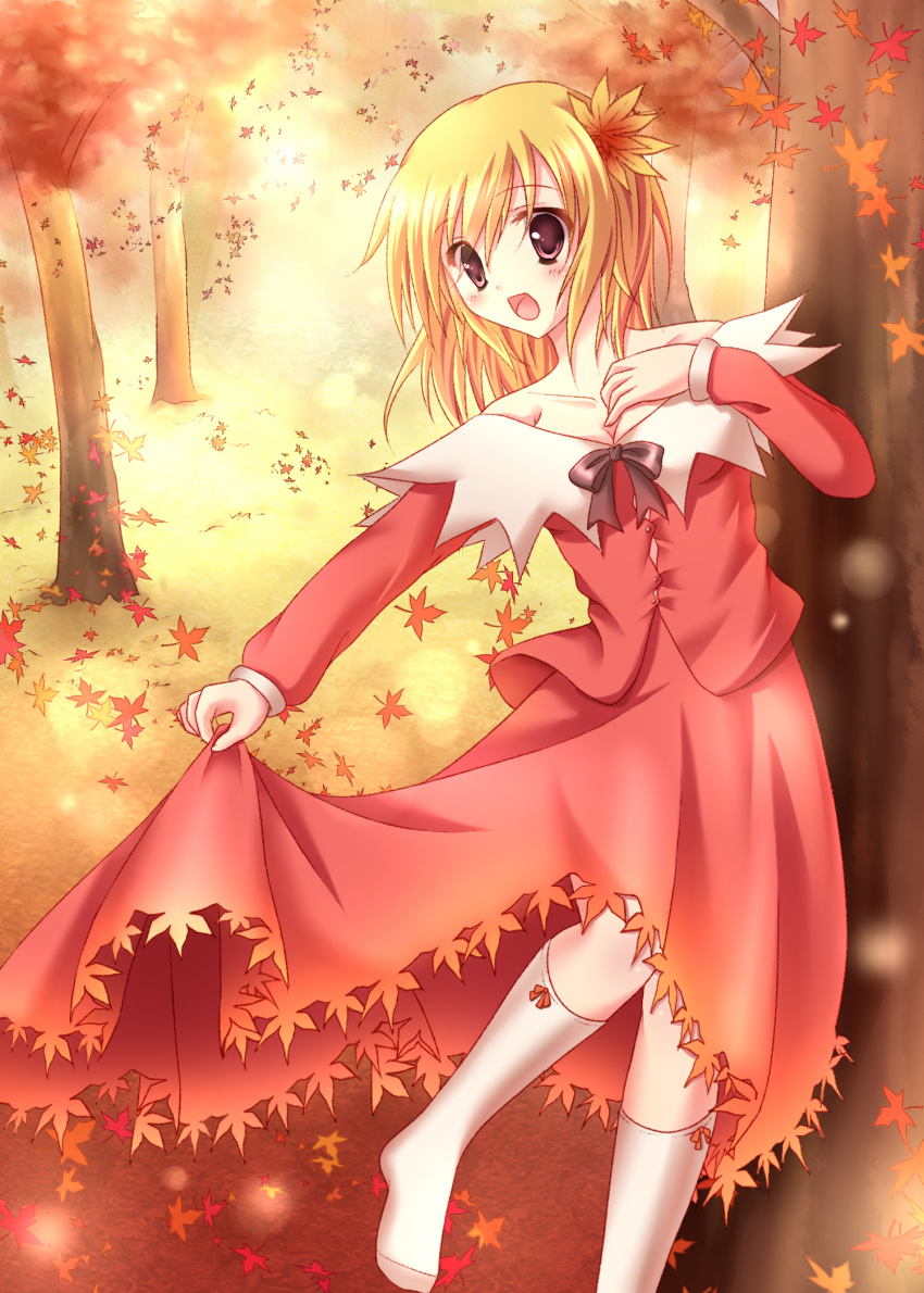 1girl adapted_costume aki_shizuha autumn bare_shoulders blonde_hair blouse breasts cleavage collarbone forest hair_ornament hand_on_own_chest highres kneehighs leaf light_particles long_sleeves maple_leaf nature no_shoes open_mouth red_eyes ribbon short_hair skirt skirt_hold solo touhou tree white_legwear zhou_yu_(ppaaqz1995)