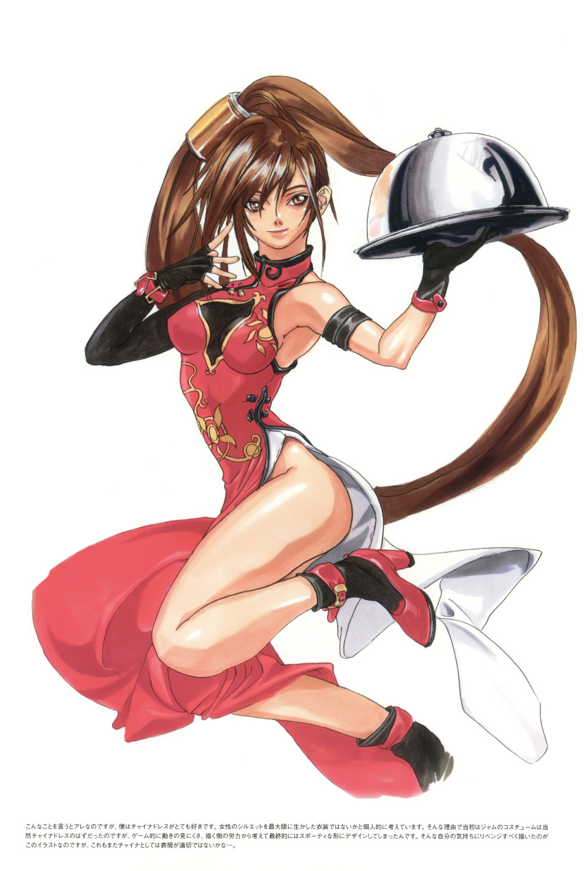 1girl absurdres arc_system_works armlet artbook bare_shoulders beer_can breasts brown_eyes brown_hair china_dress chinese_clothes fingerless_gloves gloves guilty_gear hair_ornament hair_ring high_heels highres ishiwatari_daisuke kuradoberi_jam long_hair looking_at_viewer marker_(medium) mismatched_gloves official_art scan shoes side_slit socks solo traditional_media tray twintails very_long_hair waitress