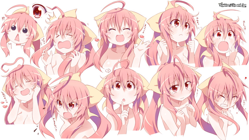 &gt;_&lt; 1girl =_= ^_^ ahoge angry bare_shoulders blush_stickers cleavage_cutout closed_eyes expressions fidgeting hair_ribbon heart kitahara_tomoe_(kitahara_koubou) long_hair open_mouth original payot pink_hair ponytail red_eyes ribbon sad sakurazaki_aya smile solid_circle_eyes solo tears topless translated translation_request triangle_mouth
