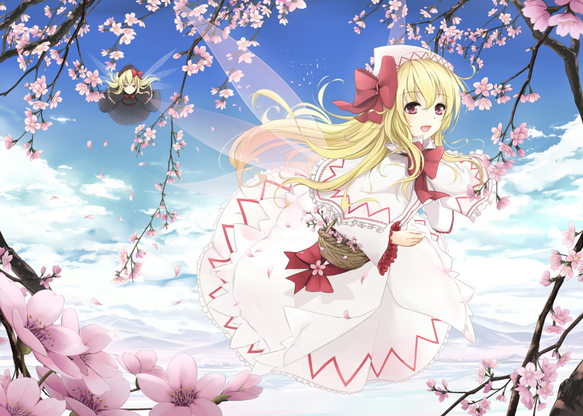 basket black_dress blonde_hair blue_sky bow capelet cherry_blossoms cloud clouds cloudy.r dress dual_persona fairy fairy_wings flying hair_bow hat highres lily_black lily_white long_hair long_sleeves mountain multiple_girls open_mouth petals pink_eyes sky smile touhou tree white_dress wide_sleeves wings zzz36951