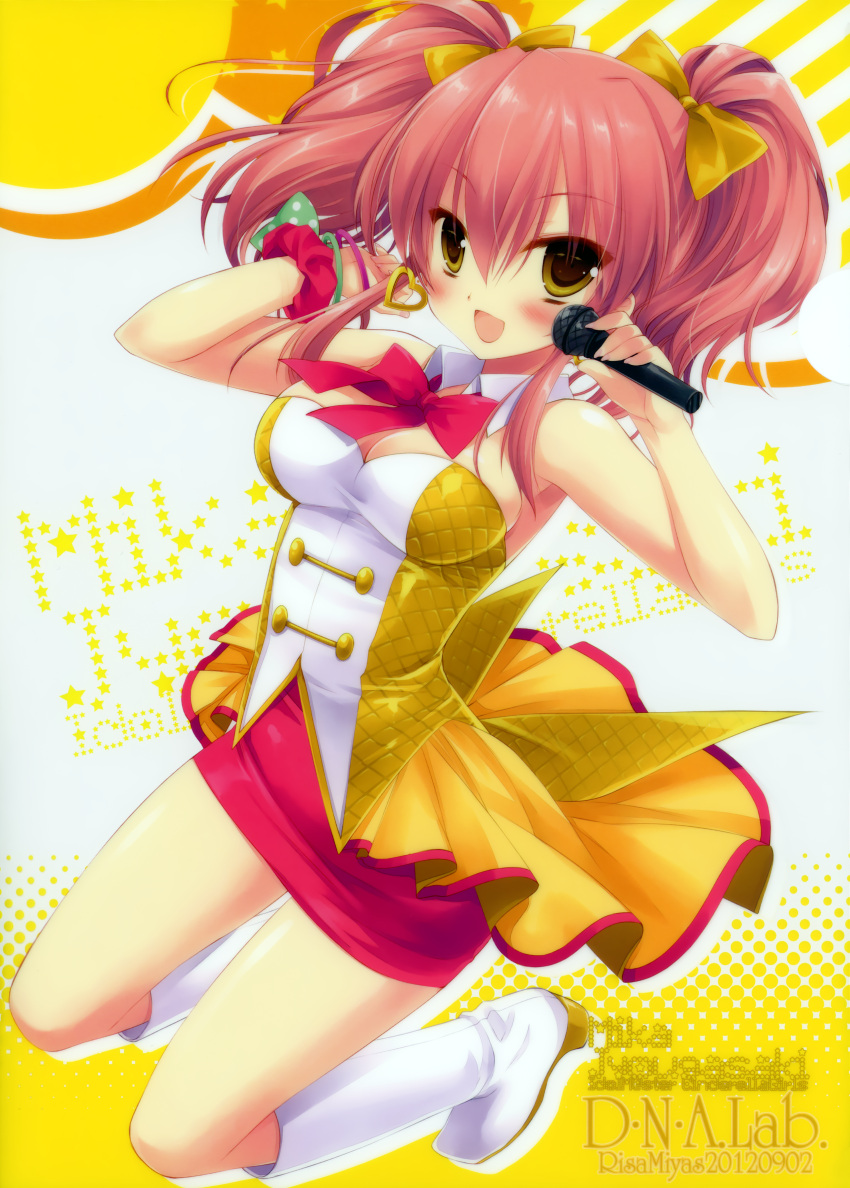 :d absurdres artist_name boots breasts character_name cleavage highres idolmaster idolmaster_cinderella_girls jougasaki_mika microphone miniskirt miyasu_risa open_mouth pink_hair skirt smile solo title_drop two_side_up yellow_eyes