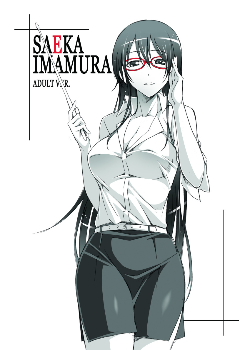 1girl absurdres adjusting_glasses adult belt breasts character_name cleavage dress_shirt english glasses highres imamura_saeka long_hair looking_at_viewer open_mouth original parted_lips pointer red-framed_glasses shirt skirt solo spot_color stick suzutsuki_kurara teacher