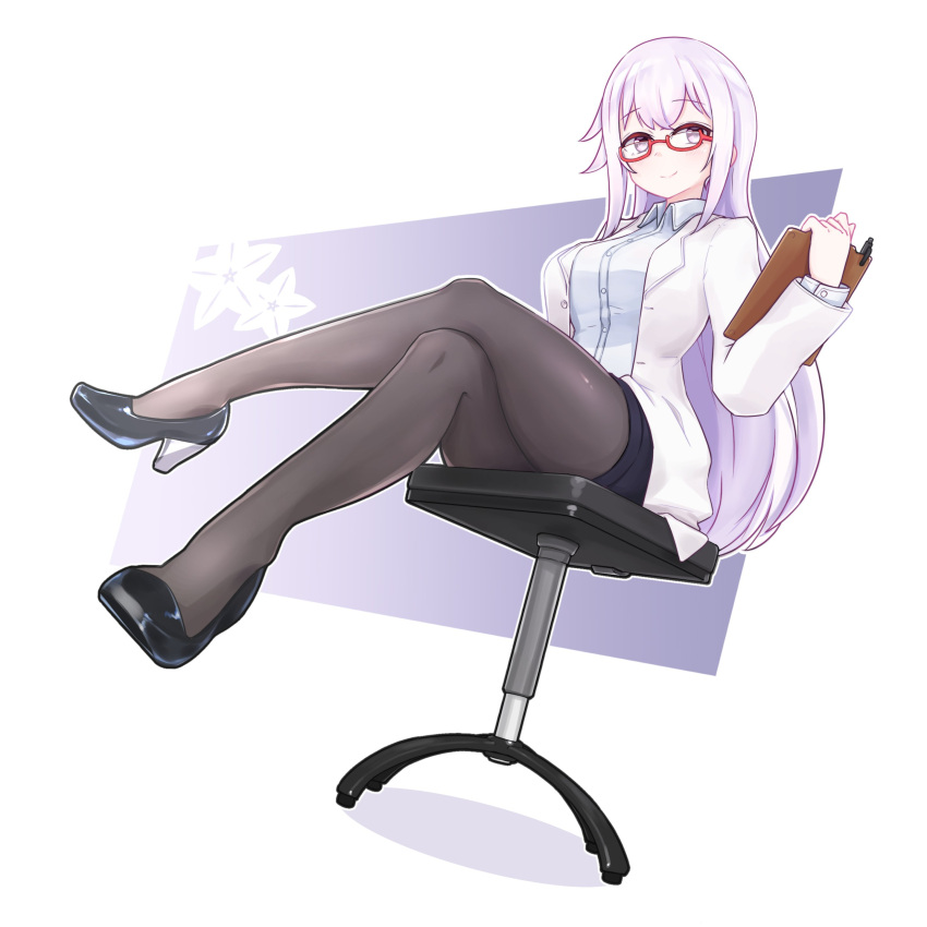 .live 1girl absurdres black_legwear carro_pino chair commentary_request full_body glasses highres looking_at_viewer pantyhose purple_hair simple_background sirotsumekusa sitting smile solo violet_eyes virtual_youtuber voizerick white_background