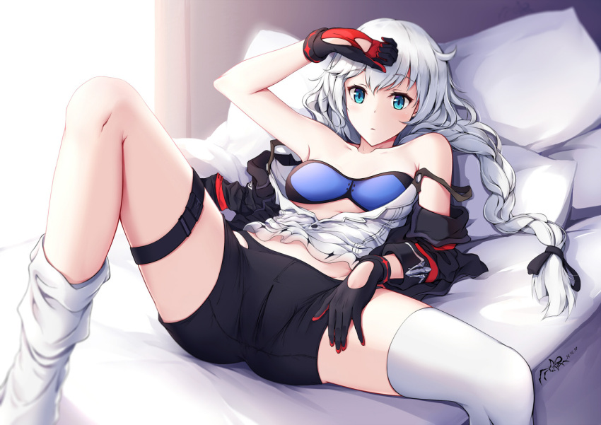 1girl bed_sheet black_ribbon black_shorts blue_bra blue_eyes blush bra braid breasts dated eyebrows_visible_through_hair gloves hair_between_eyes hair_ribbon honkai_(series) honkai_impact_3 indoors jacket kallen_kaslana long_hair looking_at_viewer lying multicolored multicolored_clothes multicolored_gloves off_shoulder on_back on_bed open_clothes open_shirt pillow ribbon shibanme_tekikumo shirt shorts silver_hair sin_hunter single_braid small_breasts solo spread_legs thigh-highs thigh_strap thighhighs_pull underwear white_legwear white_shirt