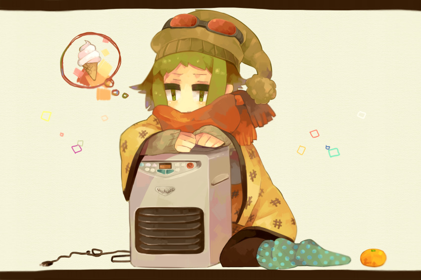 food fruit goggles gumi haru_(oomr005) hat heater highres ice_cream orange scarf solo thought_bubble vocaloid