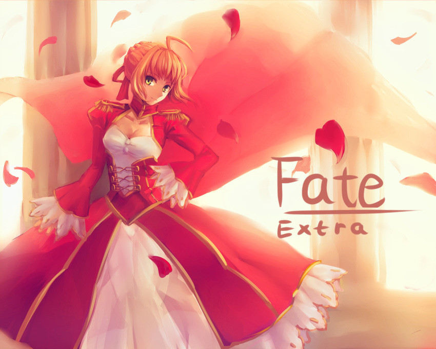 1girl ahoge blonde_hair cape dress epaulettes fate/extra fate_(series) green_eyes hair_ribbon highres liangxieyue petals ribbon saber_extra solo title_drop