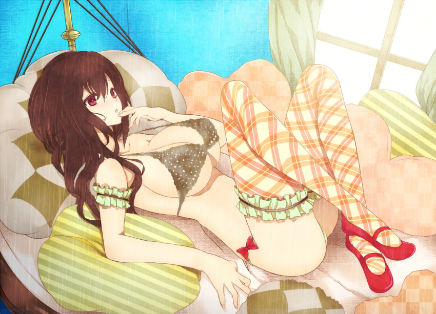 bikini_top bow bow_panties breasts brown_hair cleavage final_fantasy final_fantasy_vii finger_to_mouth frilled_legwear large_breasts long_hair lying modern_afro panties pillow plaid shoes solo striped thigh-highs thighhighs tifa_lockhart underwear