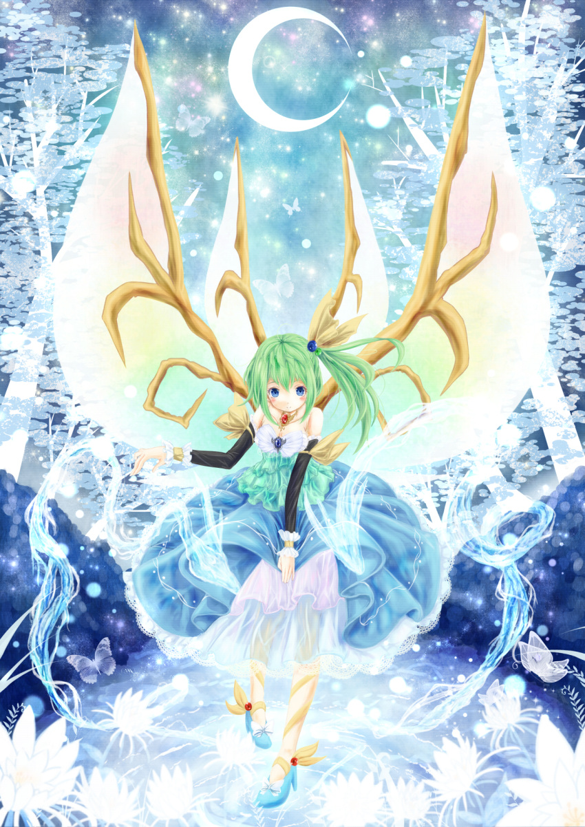 1girl alternate_costume bare_shoulders blue_background blue_dress blue_eyes blue_shoes butterfly crescent_moon daiyousei detached_sleeves dress flower formal full_body gown green_hair high_heels highres jewelry lace large_wings long_hair long_sleeves moon multiple_wings necklace runathito see-through shoes side_ponytail solo touhou wings wrist_cuffs