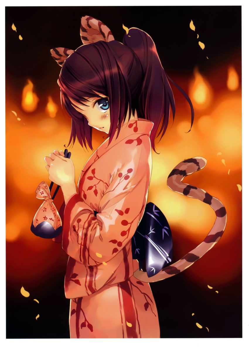 1girl absurdres animal_ears bag blue_eyes blush brown_hair fire highres japanese_clothes kimono leaf long_hair looking_at_viewer obi original parted_lips ponytail scan side_glance solo tail tiger_ears tiger_tail ueda_ryou