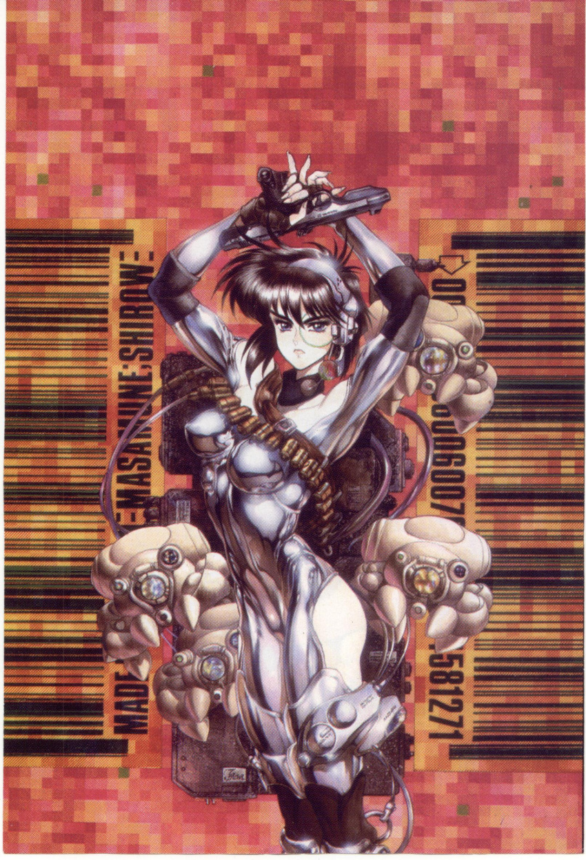 80s arms_up bandolier black_hair blue_eyes bodysuit breasts cyberpunk cyborg dual_wielding elbow_pads fingerless_gloves fuchikoma ghost_in_the_shell gloves gun highres kusanagi_motoko oldschool pistol scouter screening shiny shiny_clothes shirou_masamune shirow_masamune short_hair tachikoma weapon