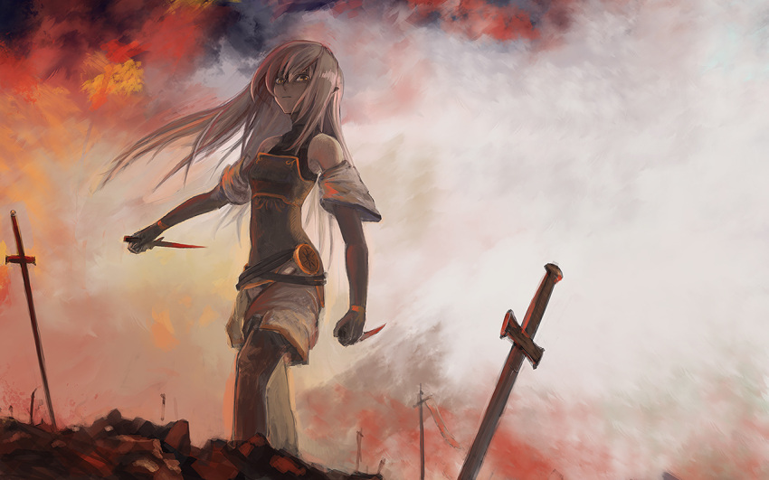 1girl bare_shoulders bracelet detached_sleeves dual_wielding fire jewelry knife looking_at_viewer mono2501 original pointy_ears smoke solo sword weapon white_hair
