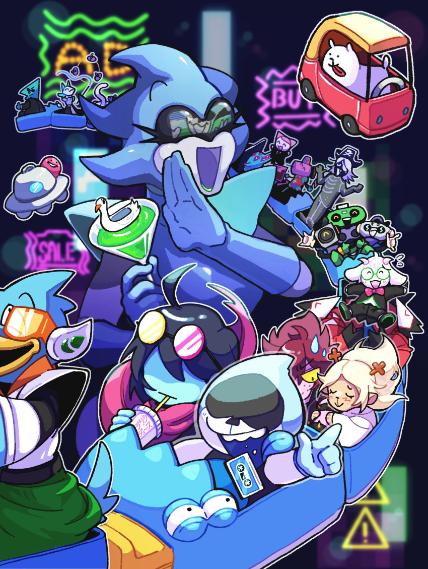 annoying_dog antlers arm_hug berdly_(deltarune) cap'n_(deltarune) cup deltarune disposable_cup drinking_glass drinking_straw giga_queen_(deltarune) highres k_k_(deltarune) kris_(deltarune) lancer_(deltarune) laughing mecha multiple_boys multiple_girls noelle_holiday nubert_(deltarune) ojou-sama_pose onosanlove queen_(deltarune) ralsei riding roller_coaster rouxls_kaard scouter smile susie_(deltarune) swatchling_(deltarune) sweet_(deltarune) tasque_manager_(deltarune) tongue tongue_out tuxedo ufo wine_glass