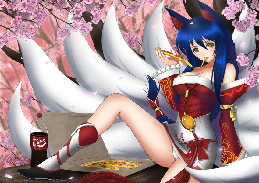 1girl ahri animal_ears bare_shoulders blue_hair blush bottle braid breasts cherry_blossoms cleavage coca-cola detached_sleeves eating food fox_ears fox_tail large_breasts league_of_legends long_hair multiple_tails panties pantyshot pizza product_placement sitting soda solo tail tonnelee underwear watermark web_address white_panties yellow_eyes