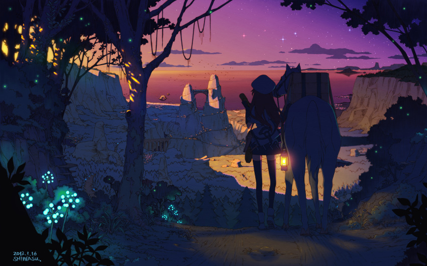 artist_name dated from_behind glowing hat highres horizon horse landscape lantern ocean original scenery shiwasu_takashi sky solo spyglass star_(sky) starry_sky thigh-highs thighhighs tree twilight