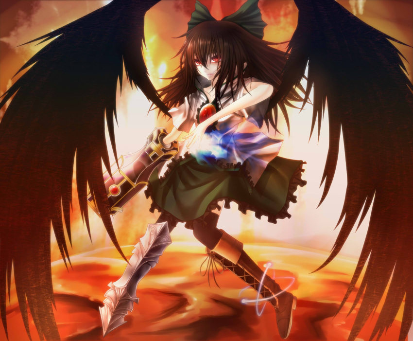 1girl arm_cannon armor bird_wings blouse boots bow brown_hair collarbone cross-laced_footwear fire glowing hair_bow highres igap knee_boots light_trail long_hair looking_at_viewer mismatched_footwear open_mouth pale_skin red_eyes reiuji_utsuho short_sleeves skirt solo teeth thigh-highs thighhighs third_eye touhou weapon