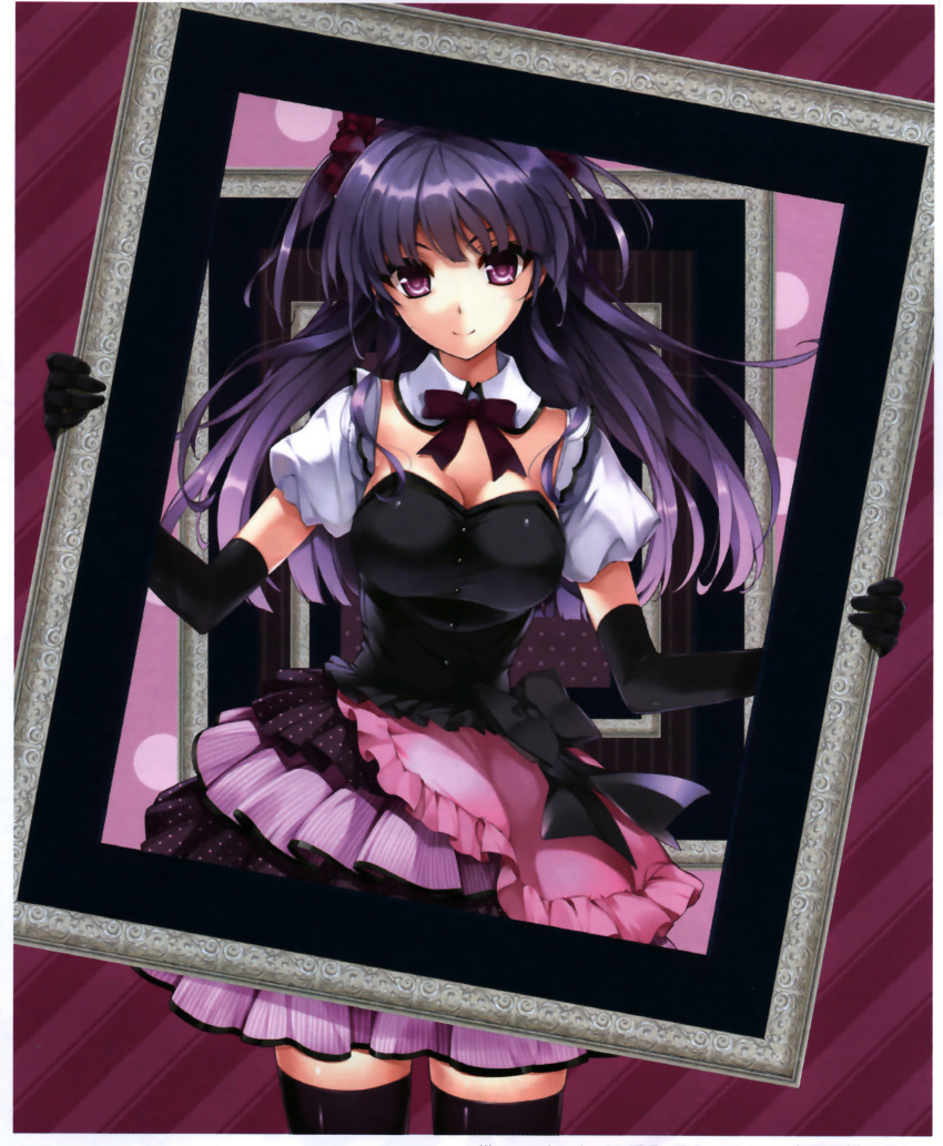 1girl absurdres black_legwear bow detached_collar dress elbow_gloves frilled_dress frills gloves hair_bow hair_ornament highres long_hair looking_at_viewer misaki_kurehito original picture_frame polka_dot purple_eyes purple_hair scan skirt smile solo thigh-highs thighhighs violet_eyes