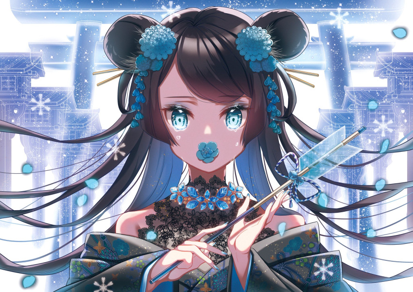1girl aqua_eyes arrow bangs bare_shoulders bell black_hair black_kimono blue_flower blue_hair blue_nails blue_ribbon commentary_request covered_mouth crying crying_with_eyes_open double_bun eyelashes fingernails floral_print flower hair_ornament hamaya highres holding_arrow japanese_clothes jingle_bell kimono kimono_pull ktmzlsy720 lantern long_fingernails long_hair long_sleeves looking_at_viewer multicolored_hair nail_polish off_shoulder original petals print_kimono ribbon simple_background solo swept_bangs tears torii two-tone_hair upper_body very_long_hair white_background