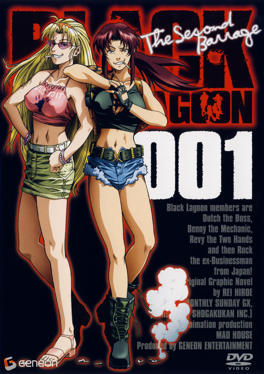 2girls absurdres ahoge armpit_holster bare_shoulders barefoot_sandals black_lagoon blonde_hair boots bracelet breasts brown_eyes brown_hair casual cigarette cover cross-laced_footwear cutoffs denim denim_shorts dvd_cover eda erect_nipples fingerless_gloves gloves grin hairband highres hiroe_rei holster jewelry just_do_it lace-up_boots large_breasts leaning_on_person long_hair midriff miniskirt mouth_hold multiple_girls navel no_bra official_art pink_glasses ponytail revy sandals shorts skirt smile sunglasses tank_top tattoo very_long_hair