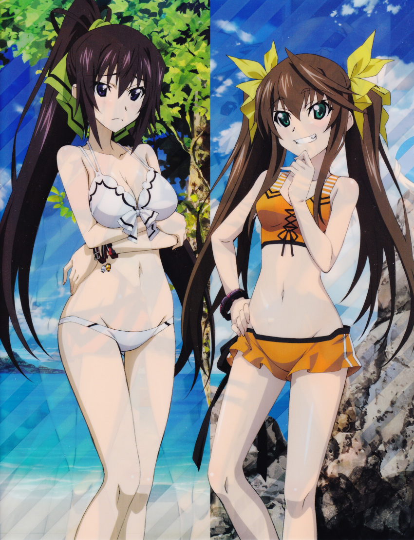 2girls absurdres bikini bleed_through breasts cleavage fang_lingyin grin highres huang_lingyin infinite_stratos multiple_girls navel official_art scan scan_artifacts scanning_dust shinonono_houki smile swimsuit