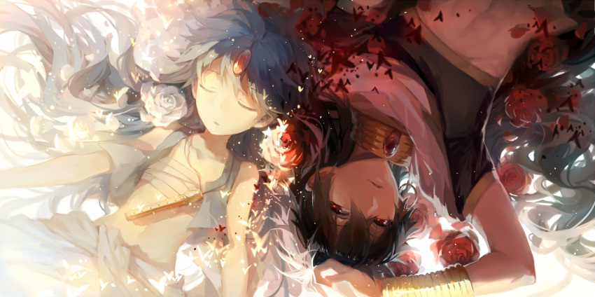 aladdin_(magi) black_hair blue_hair closed_eyes flower flute instrument jewelry judal long_hair magi_the_labyrinth_of_magic midriff multiple_boys open_mouth red_eyes rella rose