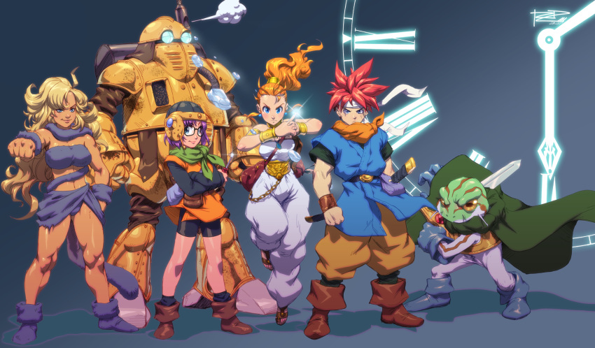 3boys 3girls ayla chrono_trigger crono highres kaeru_(chrono_trigger) lucca_ashtear marle multiple_boys multiple_girls robaato robo