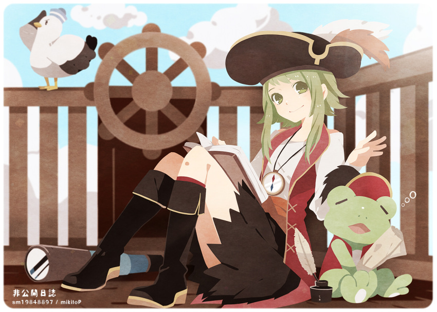 book feathers frog green_eyes green_hair gumi hat pen seagull skirt sky spyglass tama_(songe) vocaloid