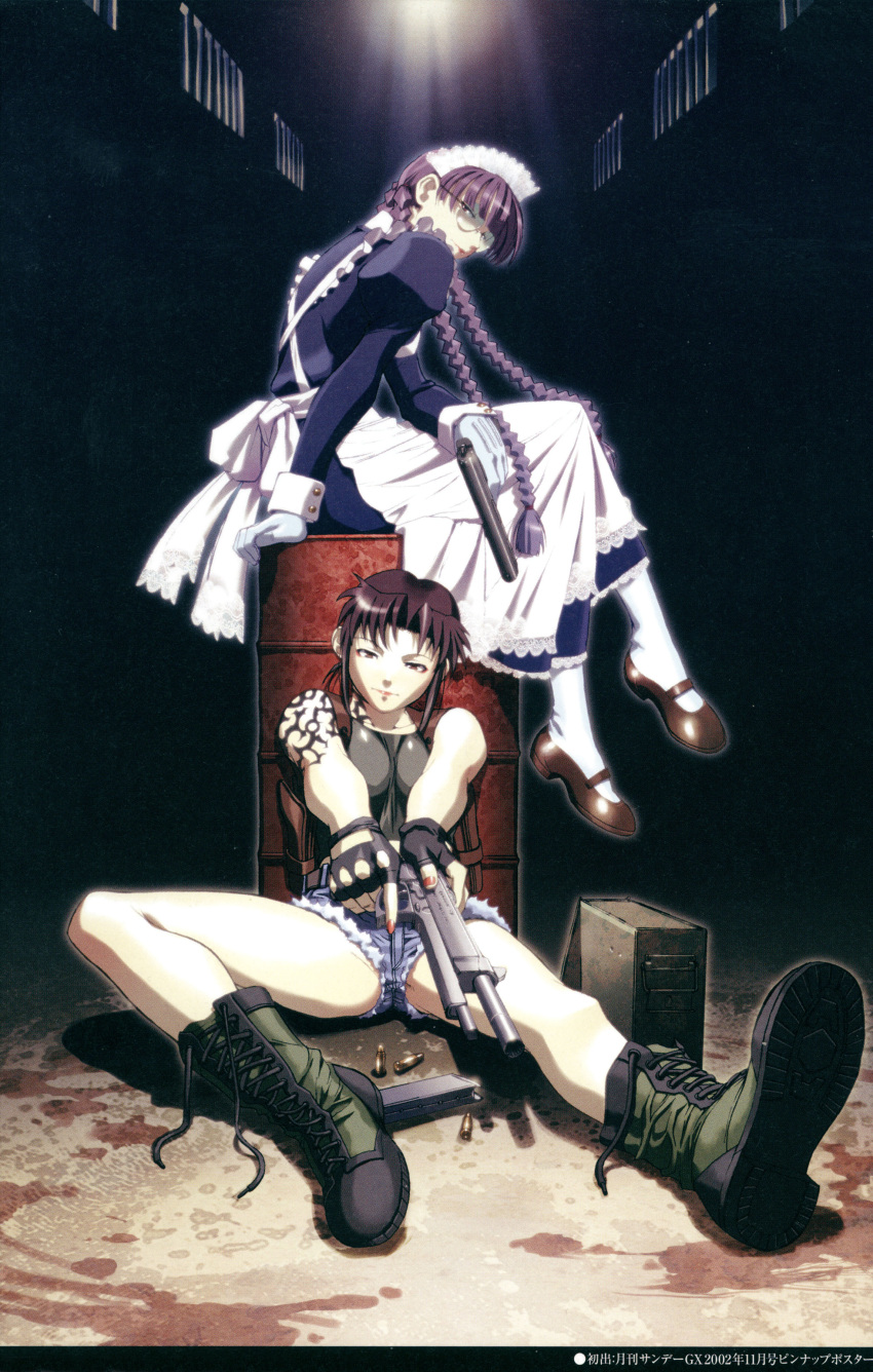 2girls absurdres ammo_box apron artist_request bare_shoulders black_lagoon boots braid breasts brown_eyes brown_hair bullet cross-laced_footwear crossed_legs cutoffs denim denim_shorts fingerless_gloves glasses gloves gun handgun highres lace-up_boots legs_crossed long_hair looking_at_viewer magazine_(weapon) maid maid_headdress mary_janes multiple_girls nail_polish official_art pantyhose pistol ponytail purple_hair revy roberta round_glasses scan shoes shorts sitting spread_legs tattoo translation_request twin_braids weapon white_gloves white_legwear wrist_cuffs