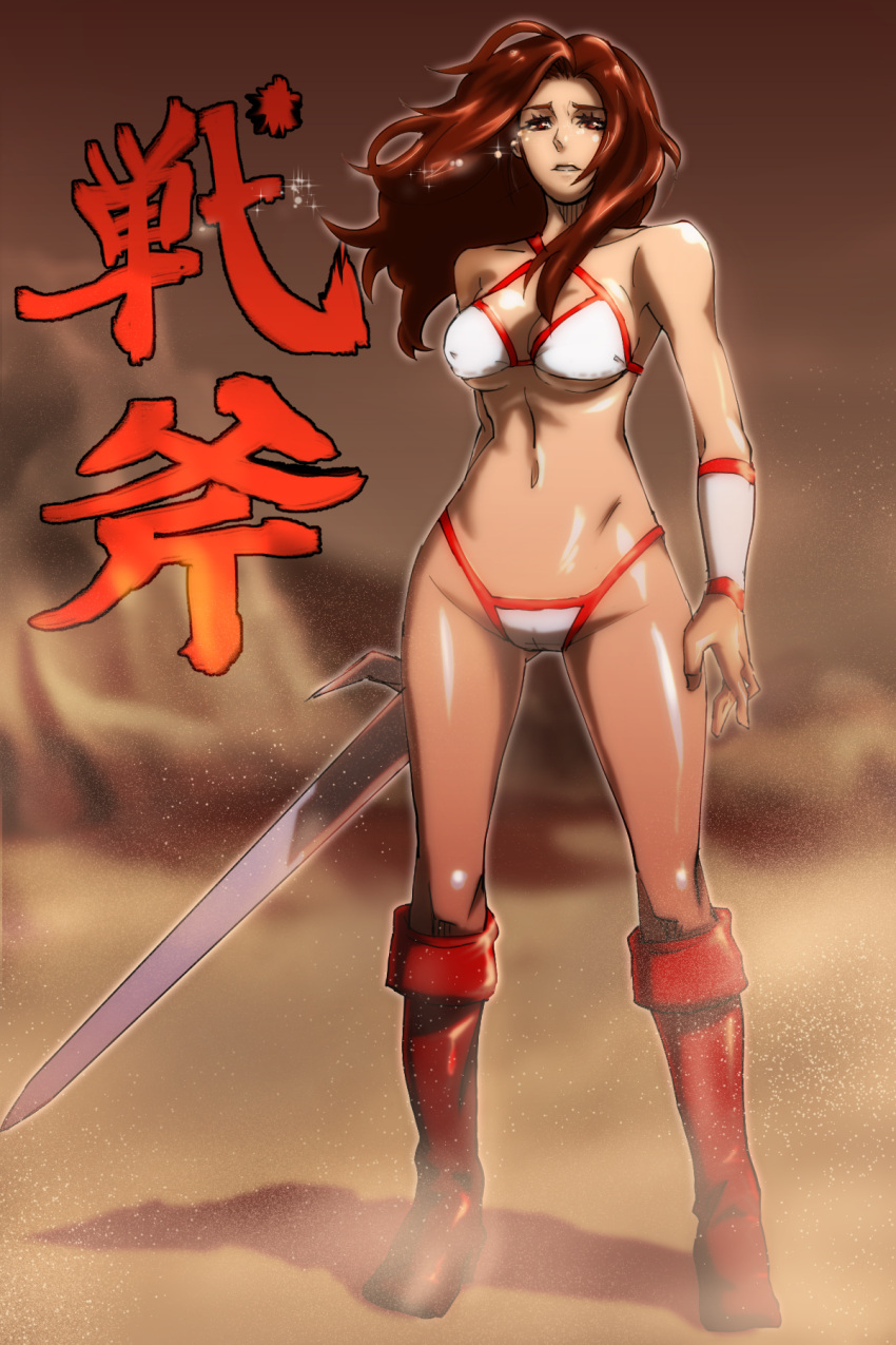 1girl bikini boots breasts brown_eyes brown_hair commentary_request criss-cross_halter full_body golden_axe halter_top halterneck highleg highleg_bikini highleg_swimsuit highres kamiomutsu knee_boots large_breasts navel sand solo standing swimsuit sword tears translated translation_request tyris_flare under_boob underboob weapon white_bikini