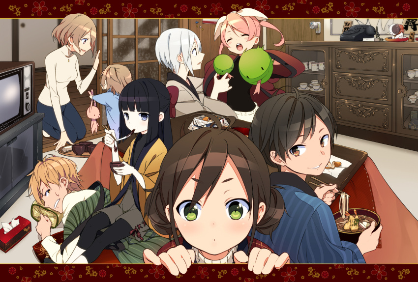 2boys 6+girls black_hair blonde_hair blue_eyes blush bow bowl brown_eyes brown_hair chopsticks clenched_teeth closed_eyes double_bun eating eyes_closed food green_eyes hair_bow hand_puppet highres japanese_clothes kotatsu leggings long_hair looking_at_viewer looking_back mochi mother_and_daughter multiple_boys multiple_girls open_mouth original out_of_frame pink_hair puppet sama short_hair shorts side_ponytail silver_hair sitting sitting_on_person smile stuffed_toy sweatdrop table tongue tongue_out wagashi