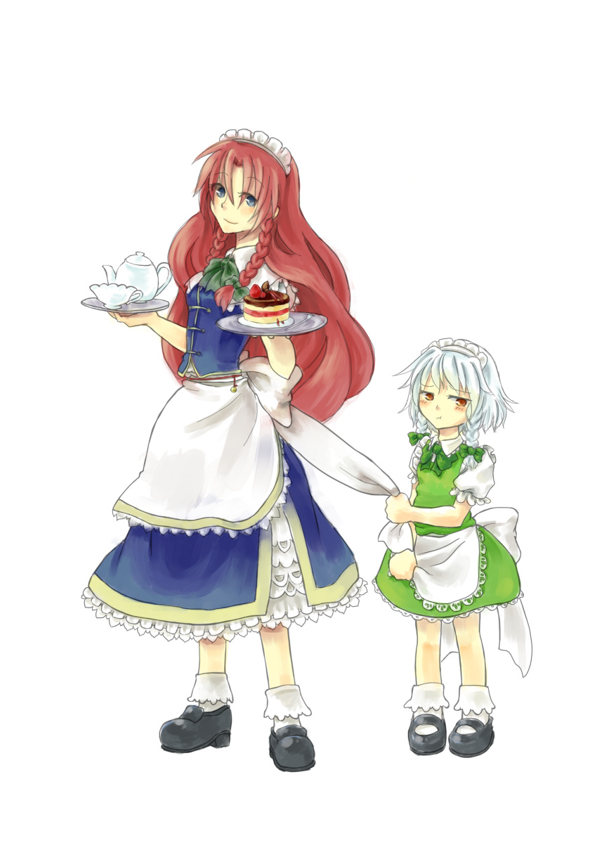 2girls blue_eyes braid cake cup food highres hong_meiling izayoi_sakuya long_hair maid_headdress mary_janes multiple_girls plantplanetplace red_hair redhead shoes short_hair teacup teapot touhou twin_braids young
