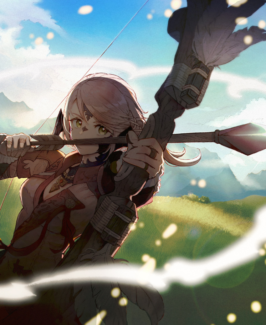 1girl aiming arrow_(projectile) au_ra blue_sky bow_(weapon) cirina_mol clouds covered_mouth cowboy_shot day drawing_bow feathers field final_fantasy final_fantasy_xiv from_side grass green_eyes hair_ribbon highres holding holding_bow_(weapon) holding_weapon jacket jewelry lens_flare mountainous_horizon mugi_kosuta necklace outdoors pink_hair pink_jacket ribbon ring scales short_hair sky solo weapon