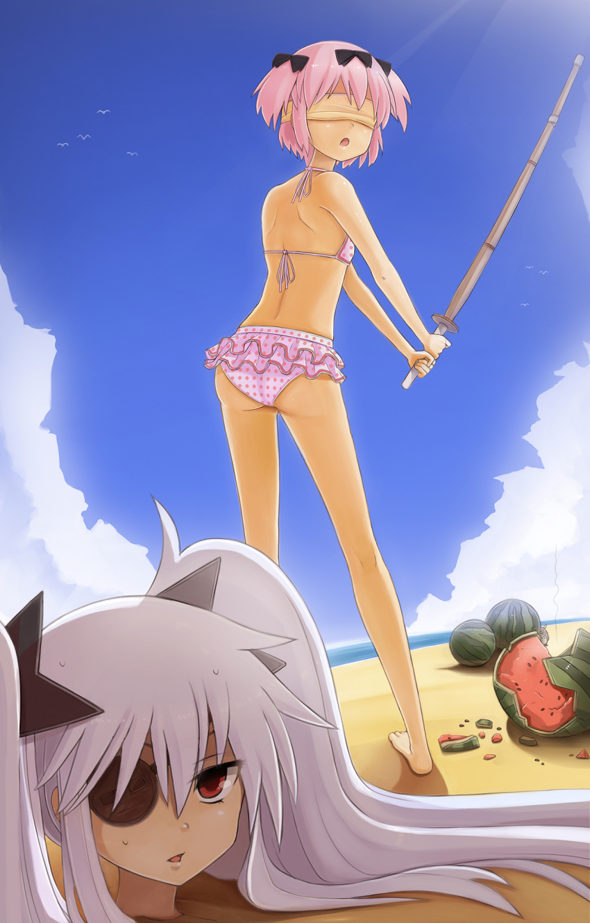 2girls :o ass barefoot beach bikini blindfold blue_sky bow buried drawfag eyepatch food fruit hair_bow hibari_(senran_kagura) highres long_hair multiple_girls ocean open_mouth pink_bikini pink_hair polka_dot polka_dot_bikini polka_dot_swimsuit red_eyes revision senran_kagura shinai short_hair silver_hair sky suikawari sweat swimsuit sword twintails very_long_hair watermelon weapon yagyuu_(senran_kagura)