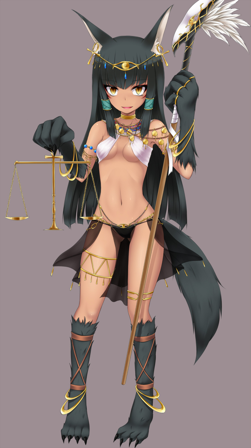 1girl animal_ears ankh anubis black_hair breasts cleavage dark_skin deity female hair hair_tubes highres jewelry long_hair looking_at_viewer monster_girl navel necklace original payot scale shimo_(depthbomb) simple_background slit_pupils solo tail yellow_eyes