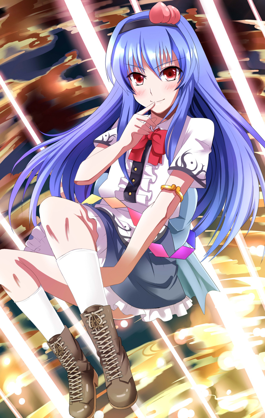 1girl absurdres blue_hair boots dress eo_(artist) finger_to_mouth food fruit hairband highres hinanawi_tenshi long_hair peach red_eyes smile solo touhou