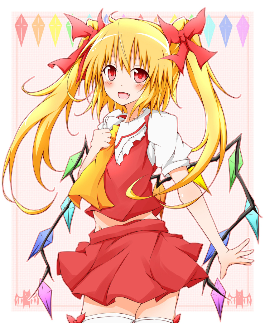 1girl :d alternate_hairstyle ascot blonde_hair bow fang flandre_scarlet hair_bow highres karamoneeze no_hat no_headwear open_mouth red_eyes skirt skirt_set smile solo thigh-highs thighhighs touhou twintails white_legwear wings