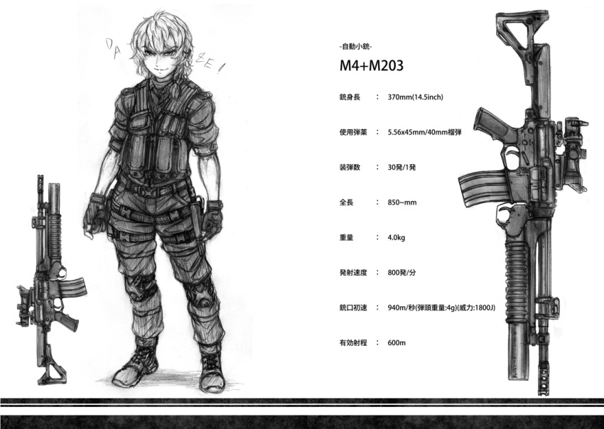 1girl assault_rifle braid combat_boots fingerless_gloves gloves grenade_launcher gun imizu_(nitro_unknown) kirisame_marisa knee_pads load_bearing_vest m203 m4_carbine monochrome operator rifle scope short_hair single_braid sleeves_rolled_up smile solo touhou translated translation_request underbarrel_grenade_launcher weapon