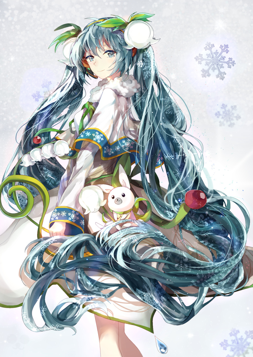 1girl aqua_eyes aqua_hair hatsune_miku headset highres long_hair nadinehuifu rabbit snowdrop_(flower) snowflakes solo twintails very_long_hair vocaloid yuki_miku