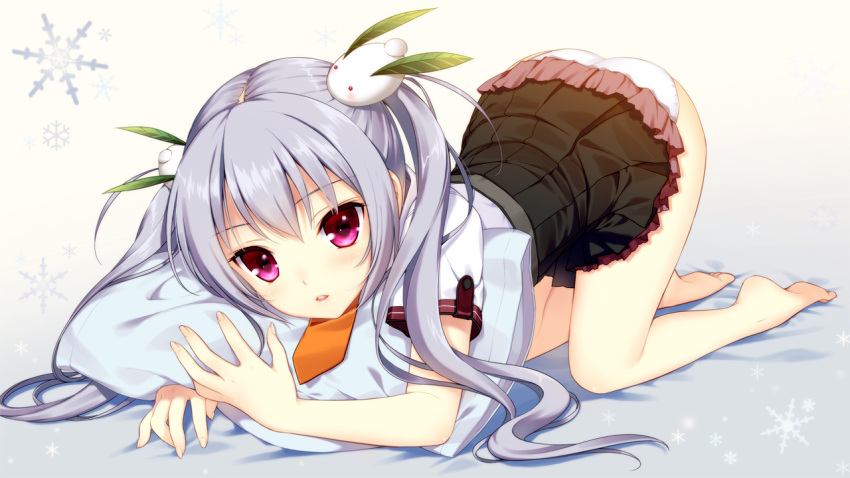 1girl all_fours ass bare_legs barefoot hair_ornament kamine_mashiro lavender_hair long_hair looking_at_viewer material_brave parted_lips pillow pillow_hug purple_eyes school_uniform shirahane_nao skirt skirt_lift snow_bunny snowflakes solo top-down_bottom-up twintails violet_eyes
