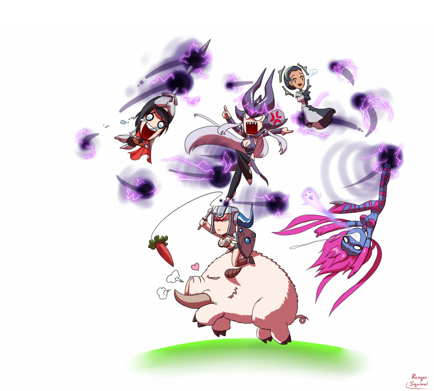blue_skin boar bristle carrot ear_protection evelynn fiora_laurent forehead_jewel forehead_protector helmet highres karma_(league_of_legends) league_of_legends long_hair multiple_girls pink_hair ranger_squirrel sejuani short_hair syndra weapon
