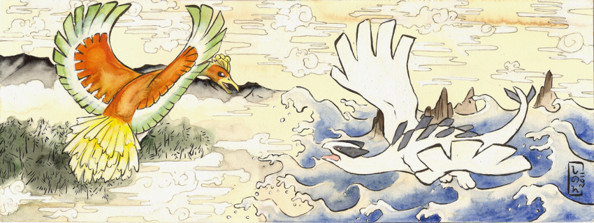 cloud clouds eye_contact fine_art_parody flying ho-oh looking_at_another lugia mountain no_humans ocean parody pokemon pokemon_(creature) pokemon_(game) pokemon_gsc shadeofshinon signature sky tree water