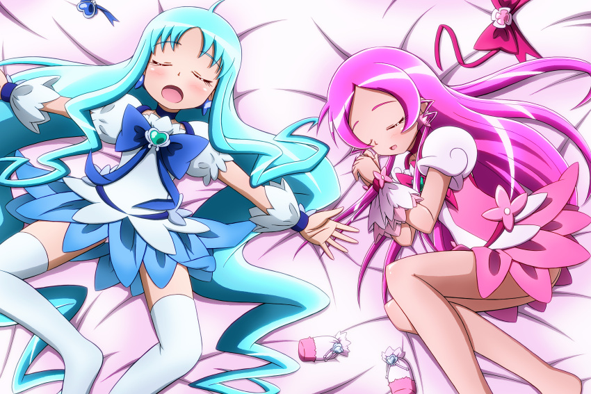 2girls :o absurdres alternate_hairstyle barefoot blue_hair bow brooch choker closed_eyes cure_blossom cure_marine earrings eyes_closed hanasaki_tsubomi heart heartcatch_precure! highres jewelry kiyu_(doremi's_party) kiyu_(doremi's_party) kurumi_erika long_hair magical_girl multiple_girls on_side open_mouth outstretched_arms pink_hair precure ribbon skirt sleeping spread_arms thigh-highs thighhighs white_legwear wrist_cuffs