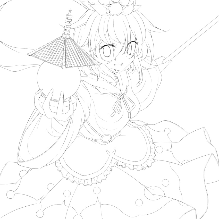 1girl belt breasts fingernails fuuen_(akagaminanoka) hair_ornament jeweled_pagoda lineart long_sleeves looking_at_viewer monochrome open_mouth outstretched_arms ribbon shawl skirt solo toramaru_shou touhou transparent_background vest wide_sleeves